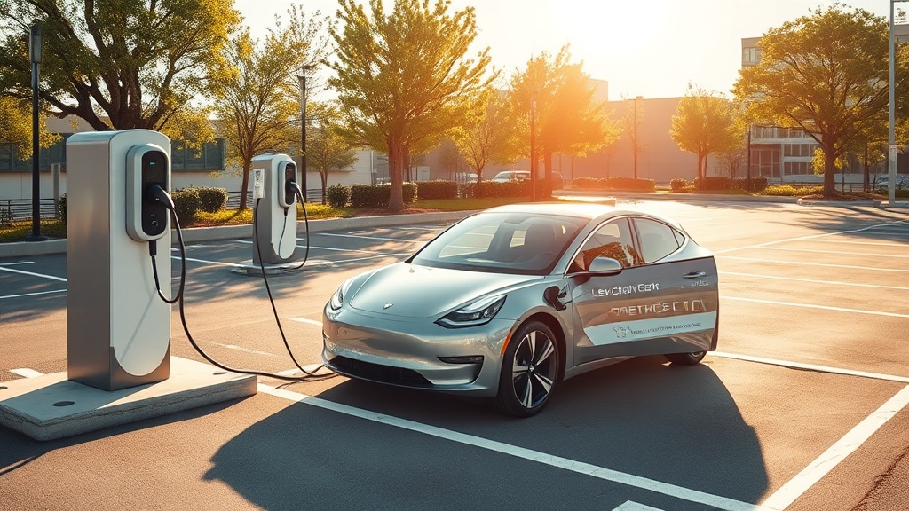 햇살이 비치는 야외 주차장에서 전기차가 충전기에 연결되어 있는 평화로운 모습