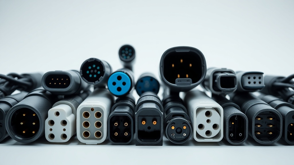 다양한 종류의 전기차 충전 커넥터 헤드가 나란히 놓여 있는 모습으로 각기 다른 핀 구조를 보여줌