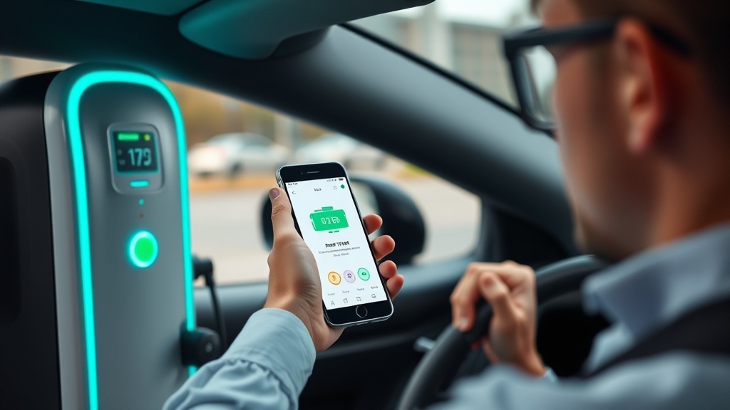 운전자가 스마트폰 앱을 통해 전기차 배터리의 충전 상태와 잔여 시간을 진지하게 확인하는 모습