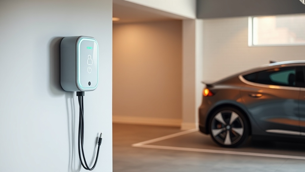 개인 주택 주차장에 설치된 벽걸이형 가정용 전기차 완속 충전기 모습